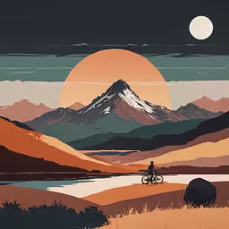 man on a bicycle riding towards a mountain,a man rides his bicycle through the hills by a lake