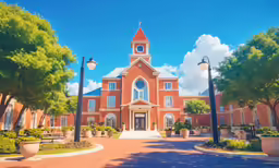 painting of an old building with a clock tower and a blue sky
