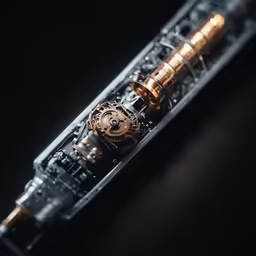 a long piece of electronic machinery that is inside of glass