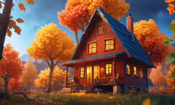a tiny red house surrounded by fall leaves,an animated picture of a small red cottage