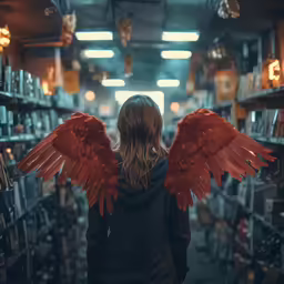 the back of a woman with red wings