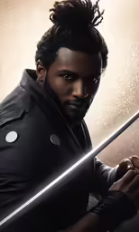 a man with dread locks holding a sword