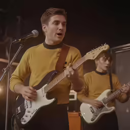 two men holding guitar strings, singing and playing music