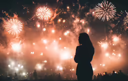 there is a person standing with their arms crossed looking at fireworks