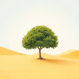 a large green tree in a yellow plain