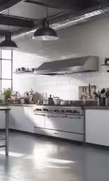 an industrial kitchen with high gloss surfaces and black metal appliances