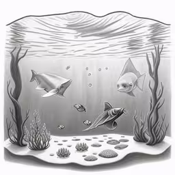 pencil drawing of a sea bottom with marine creatures,an aquarium with several fish swimming under water,an underwater scene with various fish and rocks,an underwater scene with fish, rocks, and a seaweed,an underwater scene with fishes and starfishs