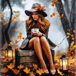 a girl is wearing a hat and drinking coffee while sitting on a post in a park