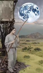 an image of a woman holding a large moon on a stick