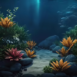 an underwater scene, a sand path, some sea plants and a lot of rocks