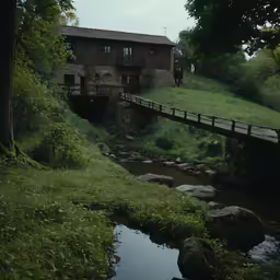 the building and stream have bridges that lead across it