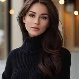 a woman wearing black clothes and brown hair poses for a photo