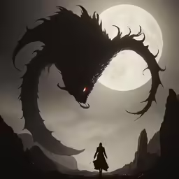 a person standing in front of a giant dragon on top of a hill