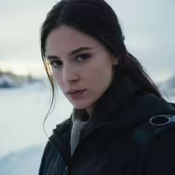 the girl is standing in front of a snowy landscape