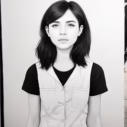 a young woman standing in front of a white background