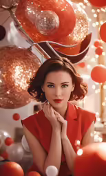 a young woman in a red top is surrounded by decorations