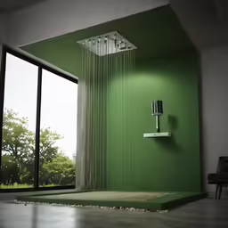 the shower head is running down with the shower hose