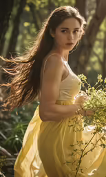 a woman with long hair and wearing a yellow dress standing in a forest