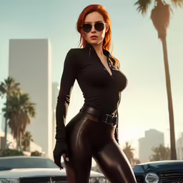 a woman in leather is posing in front of cars