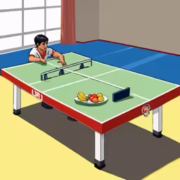 a person sitting at a table with a ping pong paddle