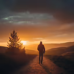 there is a person walking down a dirt road