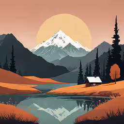 a scene with mountains and a stream,the mountain, the lake and the house are all depicted