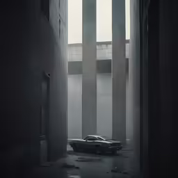 an abandoned car sits on the floor of an empty building