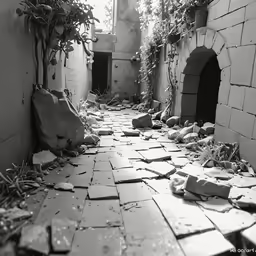 black and white photograph of a city street that has been damaged