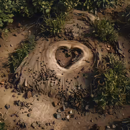 the dirt in the field has a large heart shaped hole in it