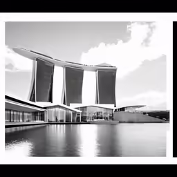 this black and white photo shows the reflection of buildings in the water