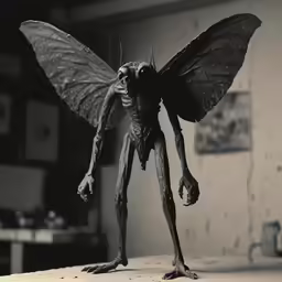 black and white photograph of a creepy alien figure