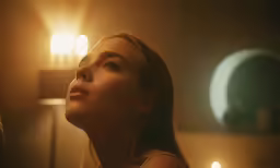 the woman is in a bathroom staring into the mirror