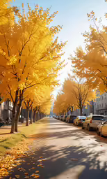 autumn in a residential area with a row of parked cars