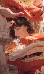 a woman is holding onto an orange and white dragon