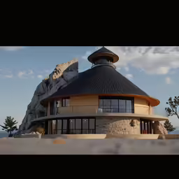 a modern building with a black roof and a stone building and rocks on both sides
