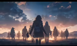 a woman with many walking in a line