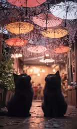 two black cats sitting under umbrellas in the rain