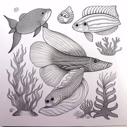 a drawing of fish and sea plants is shown,a drawing of some fish and corals
