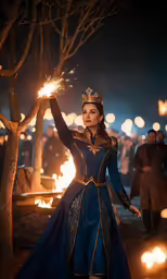 an oriental girl in a gown and tiara standing by fire