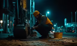 a man wearing a yellow hat bent over looking at something in the air