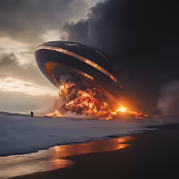 a huge balloon on fire next to a snowy shoreline