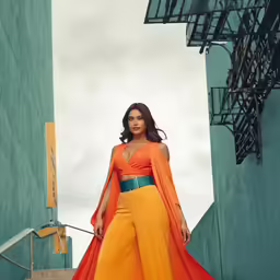 a woman wearing an orange and yellow cape stands in front of stairs