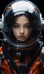 a woman wearing an orange spacesuit standing in front of a dark background