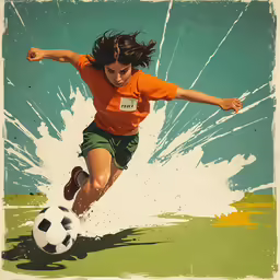a child in orange shirt kicking soccer ball
