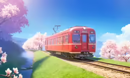 a red train traveling through rural countryside covered in trees