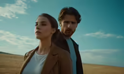 the young couple is looking back while standing in a field