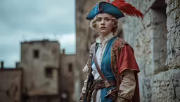 a woman dressed in medieval clothing standing by an old castle