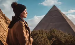 woman wearing black beanie in front of egyptian pyramids