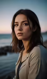 a young woman with shoulder length hair, wearing a beige cardigan and looking directly into the camera