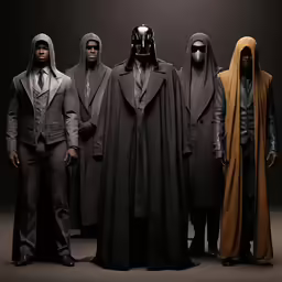 men in star wars costumes standing against a black background